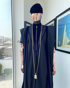 A midnight blue, vehicular lapeled with zip line flap &amp; navy blue soaked Italian velvet mix agbada