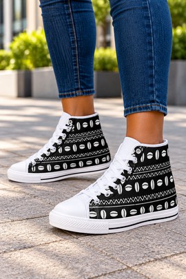 Afro Cowrie Shell Monochrome Women's Classic High Top Canvas Shoes | Black and White Sneakers