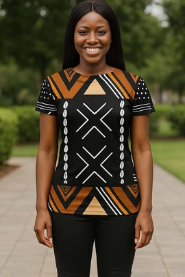 T-shirt africain pour femme en bogolan à motifs traditionnels