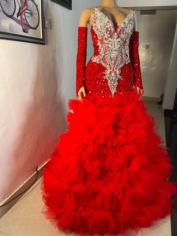 Red ruffles prom dress