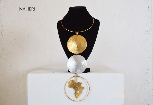 African map aluminum and brass necklace hammered jewelry