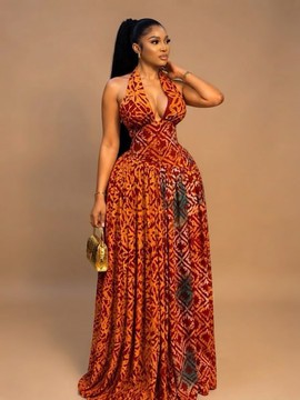 Vibrant Orange and Maroon Adire Print Halter Maxi Dress