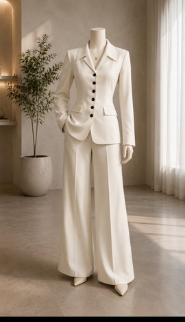 Women's Ivory Fitted Blazer with Black Buttons and Wide-Leg Trouser Set