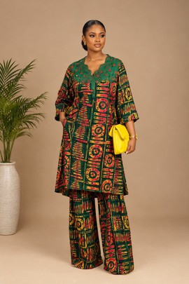 Women’s African Ankara Two-Piece Set – Green Geometric Print Tunic Top and Wide-Leg Trousers