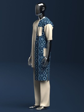 Ensemble kaftan pour homme à imprimé adire indigo – Tunique à motifs beige et bleu avec pantalon