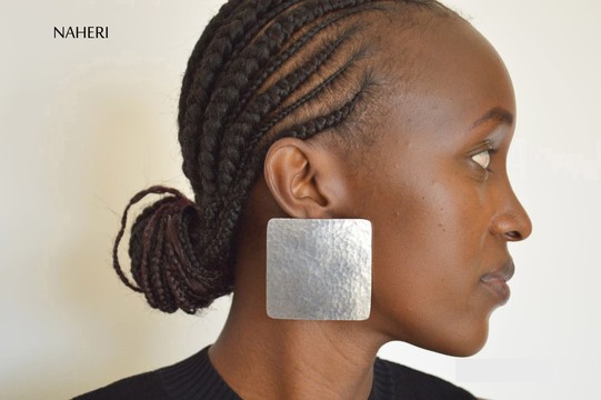African inspired aluminum metal earrings square hammered