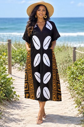 Robe midi ample à col V ornée de cauris africains audacieux pour femme | Mode afrocentrique | Bynelo