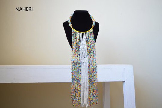 African beaded fringe necklace multicolored handmade jewelry