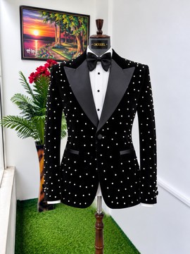 Costume de smoking en velours noir orné de perles OKXEEL, avec clous d’oreilles assortis