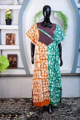 African Batik Boubou Maxi Dress (Green/Orange)