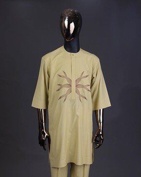 A blonde yellow, mermaid tail embrodery detailing kaftan &amp; sokoto