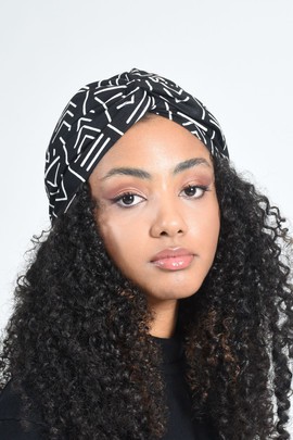 Turban facile à nouer, effet torsadé en Wax Bogolan Noir et Blanc avec Doublure en Satin