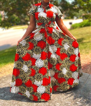 Elegant Red, White and Black Multicolor Floral Print Maxi Dress