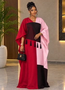 Women's Red, Pink &amp; Black Colorblock Kaftan Maxi Dress with Tassel Detail