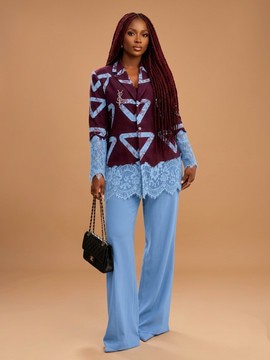 Burgundy and Powder Blue Adire Blazer Set with Delicate Lace Trimming