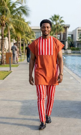 Burnt Orange &amp; Crimson Two-Piece Kaftan &amp; Trousers Striped Aso-Oke   - Wedding/ceremony