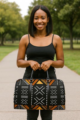 African Leather Bag for Travel Mud Cloth Cowrie Shell Print