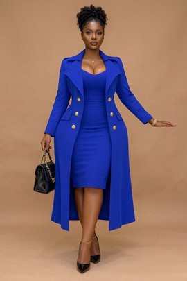 Royal Blue Midi Dress with Matching Long Trench Coat