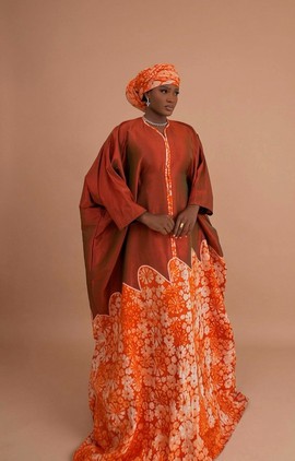 Elegant African Ankara Maxi Kaftan Dress – Two-Tone  Patterned Loose Boubou with Headwrap
