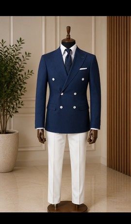 Costume croisé bleu marine pour homme avec pantalon blanc – Costume de mariage formel deux pièces