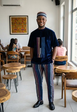 Velvet &amp; Striped Aso-Oke Two-Piece Kaftan &amp; Trousers  &amp; Cap-Wedding/ceremony