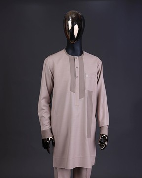 An ecru brown, front flap with clear view Swarovski button details kaftan &amp; sokoto