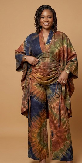 The Earth-Tone Artisan Adire Ruched  Two-Piece Set