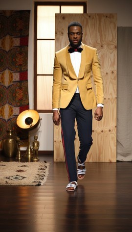 Veste en velours moutarde brossé et pantalon noir avec galons en satin rouge