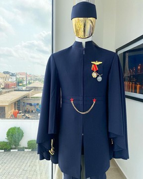 A unisex midnight blue pencil stripe “renaissance” suktan safari traditional wear.