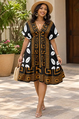 Robe kimono audacieuse à col V et manches courtes avec imprimé de cauris pour femme | Robe à imprimé africain de cauris