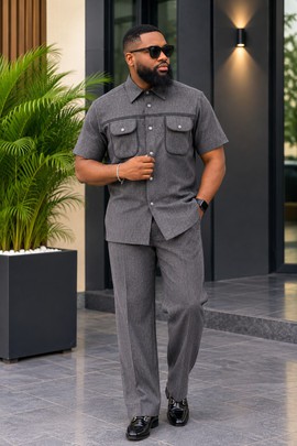 Ensemble homme gris chemise à manches courtes et pantalon – Tenue décontractée deux pièces avec poches utilitaires