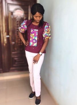Ankara Patch Blouse with Puffed Sleeve