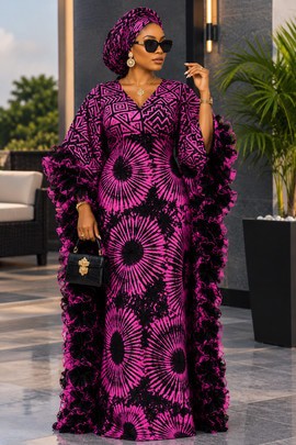 Women's Magenta &amp; Black African Print Maxi Dress – Elegant Ruffle Cape Sleeve Gown