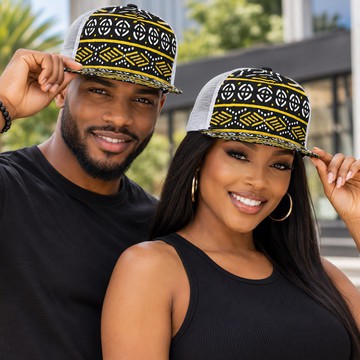 Colourful Mudcloth Tribal Print Black Flat-Brim Mesh Cap | African Streetwear | Bynelo