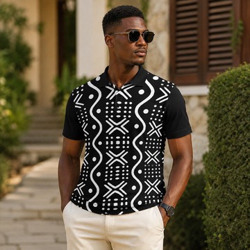Afro Geometric Print Men's Heavyweight Polyester Polo Shirt Black | Geometric Apparel | Bynelo