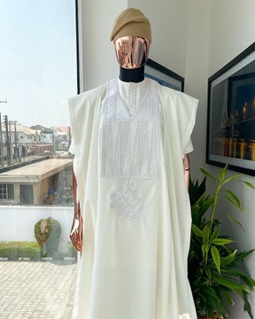 An ivory white zag &amp; triangle embroidery agbada, buba &amp; sokoto