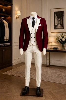 Men's Burgundy &amp; Cream 3-Piece Suit – Peak Lapel Blazer with Double-Breasted Waistcoat &amp; Trousers
