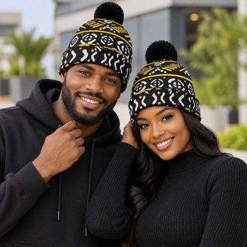 Bonnet tricoté coloré à imprimé tribal en bogolan avec pompon | Mode hivernale africaine | Bynelo