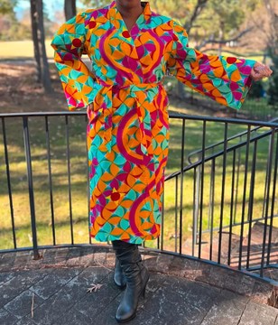 African Print Ankara Orange Multicolor Belted Kimono Midi Blazer