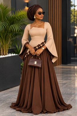 Robe longue évasée beige et marron pour femme – Robe à manches longues évasées avec appliqué floral 3D