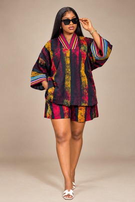 Women's African Print Two-Piece Set - Adire Batik Oversized Bubu Top &amp; Shorts