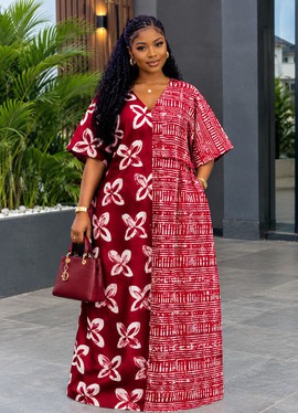 Women's Red &amp; White Mixed Print Ankara Maxi Dress – Relaxed Fit V-Neck Kaftan Dress