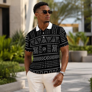 African Geometric Print Men's Heavyweight Polyester Polo Shirt | Ethnic Designer Apparel