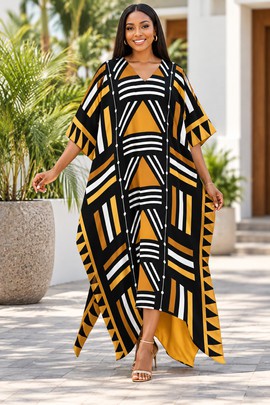 Robe midi à col en V et manches courtes pour femme en imprimé africain | Robe midi en imprimé africain | Bynelo