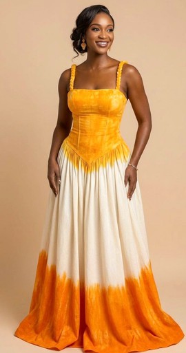 Orange Tie-Dye Maxi Dress – African Boho Corset Dress with Flowy Skirt