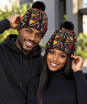 Heritage Mudcloth Bogolan Print Knitted Hat With Pom-Pom | Bogolan Fashion | Bynelo