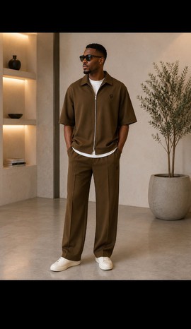 Ensemble homme chemise-veste marron olive à fermeture éclair et pantalon ajusté – Ensemble décontracté deux pièces
