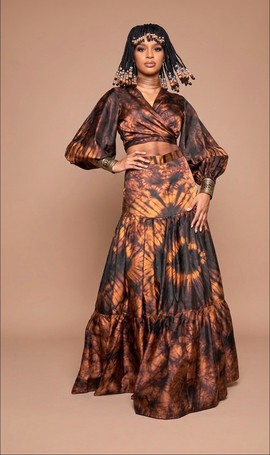 Brown Satin Tie-Dye Wrap Top &amp; Tiered Maxi Skirt Set