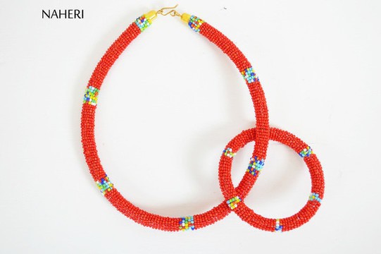 African Maasai Beaded Necklace | Red necklace with matching bracelet