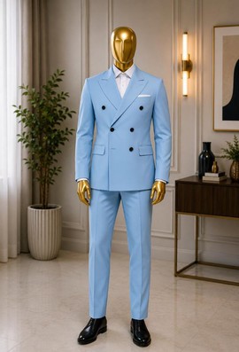 Men's Sky Blue Double-Breasted Suit – 2-Piece Peak Lapel Blazer &amp; Trousers Set